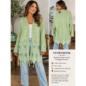 Storybook Knits Vintage Mint Green Beaded Sequin Tassel Cardigan Sweater Women's